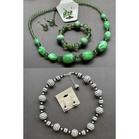 2 Jewelry Set - Green & Black Grey Ball Bead Necklace Earrings And Bracelet